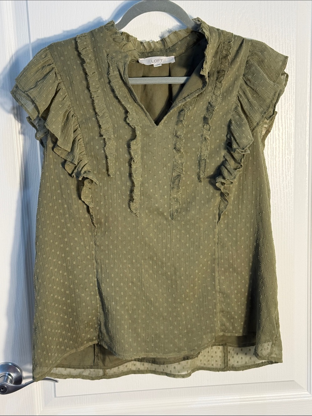 LOFT Olive Green Ruffled Swiss-Dot V-Neck Blouse Size L